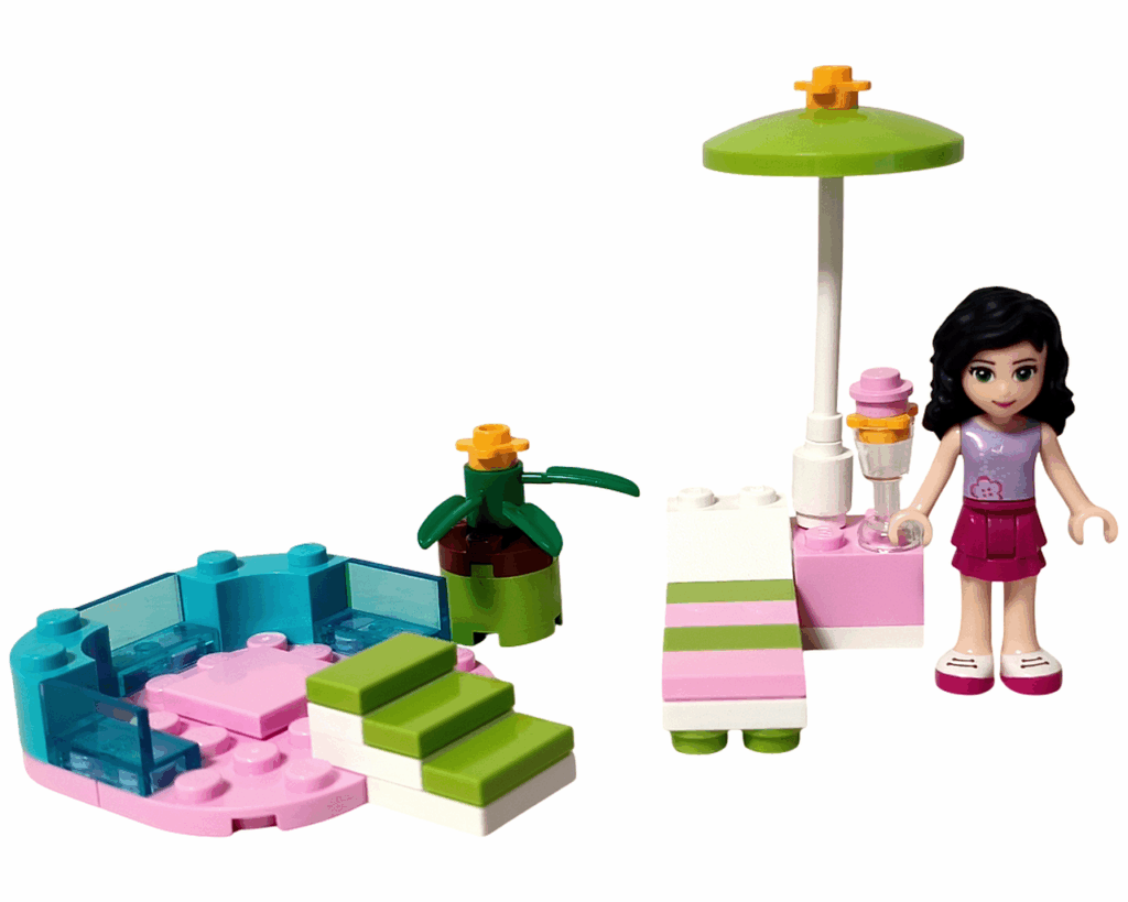LEGO Friends 3931 ハッピープールサイド 組立完成。エマのミニドール、プール、デッキチェア、植木鉢が並んでいる