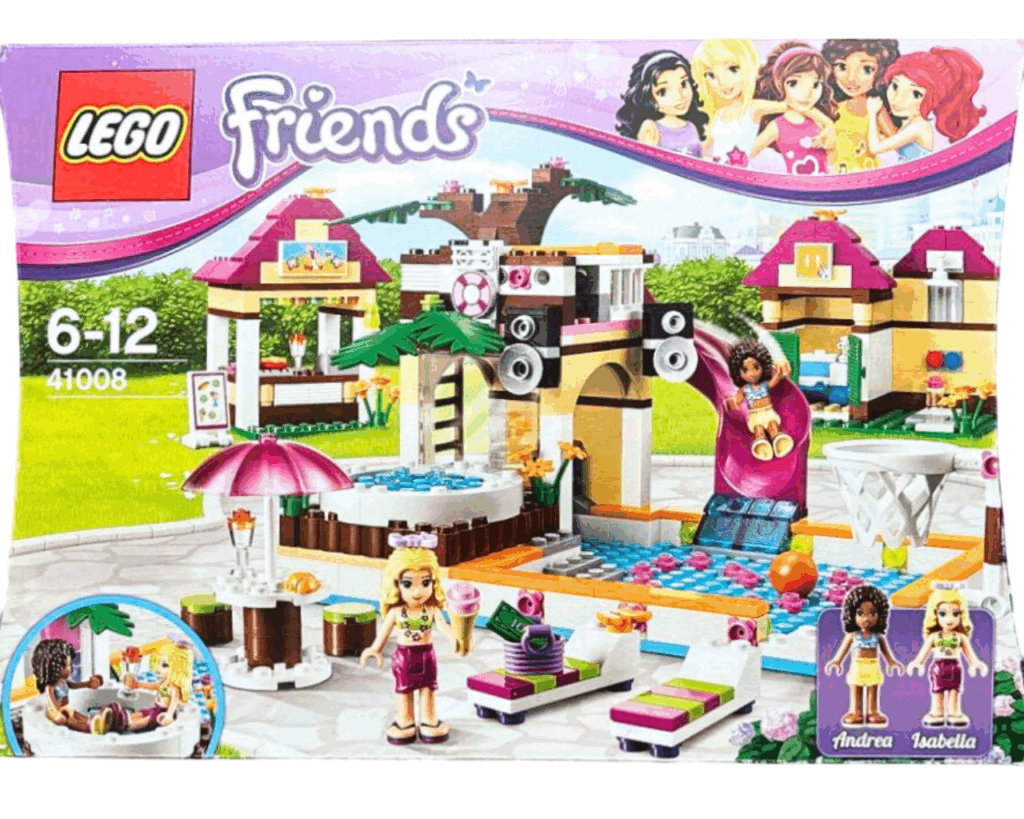 LEGO Friends 41008 スプラッシュプール(Heartlake City Pool)の箱正面。中央にピンクのウォータースライダーとプール、左にパラソルテーブル、右下にアンドレアとイザベラのミニドール紹介が描かれている。