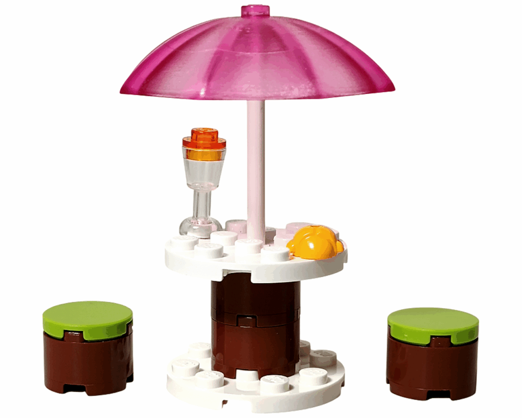 LEGO Friends 41008 スプラッシュプール パラソルテーブルとイス2脚のセット。オレンジのドリンクが置かれている