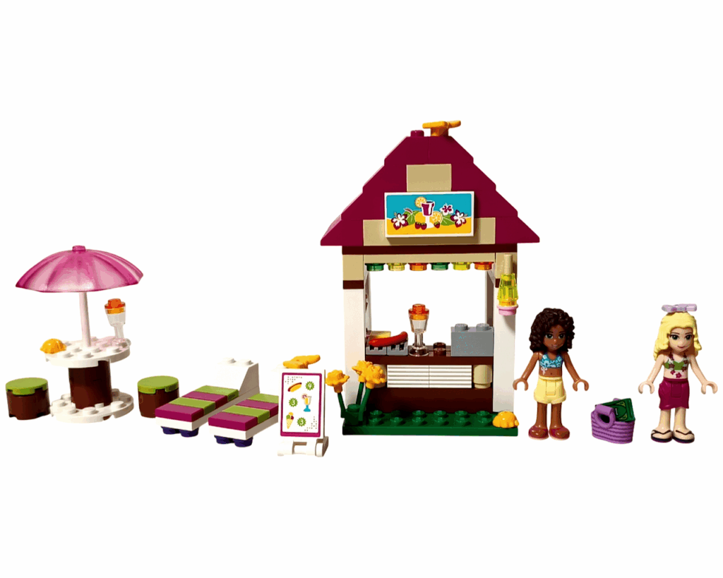 LEGO Friends 41008 スプラッシュプール 1袋目完成。スナックバーとパラソルテーブル、デッキチェア、アンドレアとイザベラが並んでいる