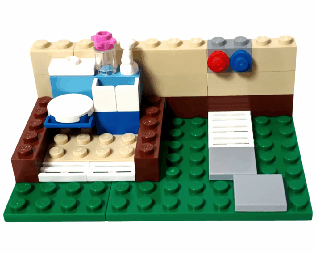 LEGO Friends 41008 スプラッシュプール 更衣室とトイレの基礎を組み立てる。白い壁とベージュの床が並んでいる