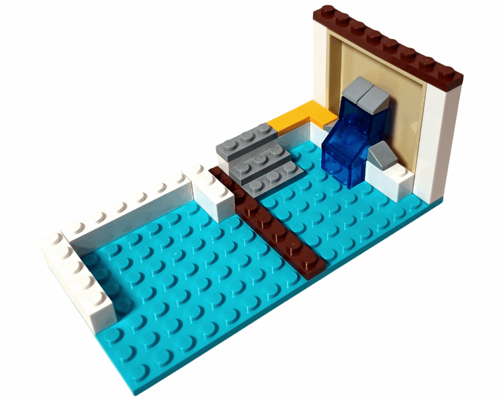 LEGO Friends 41008 スプラッシュプール プール基礎を組み立てる。青い底プレートに滝のパーツがついている