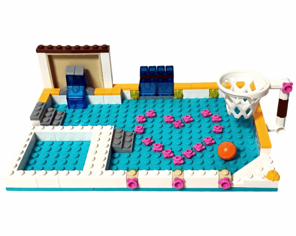 LEGO Friends 41008 スプラッシュプール プールにバスケットゴールを取りつける。白いポールとオレンジのボールがある