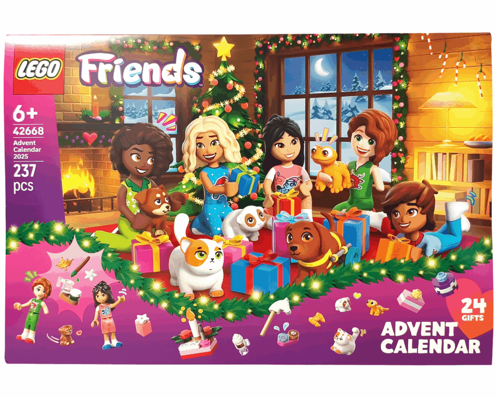 LEGO Friends 42668 フレンズ アドベントカレンダー2025 のパッケージ正面。中央に5人のキャラクターと動物たちが集まり、ツリーや暖炉のある室内でプレゼントを交換している様子が描かれている。