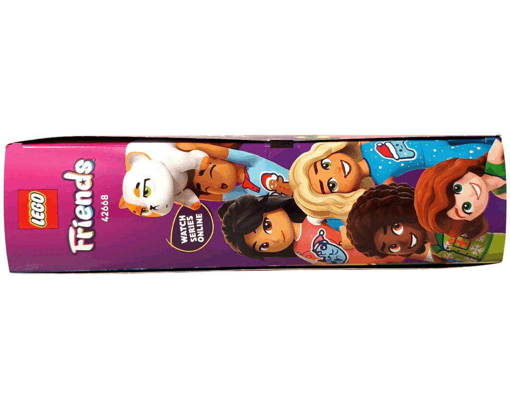 LEGO Friends 42668 フレンズ アドベントカレンダー2025 パッケージ側面。5人のキャラクターとネコのチュロスが描かれ、紫とピンクの背景にロゴと製品番号42668が入っている。