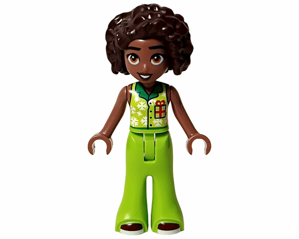 LEGO Friends 42668 アリヤ ミニドール全身。緑のパンツにライトグリーンのベストを着た姿。
