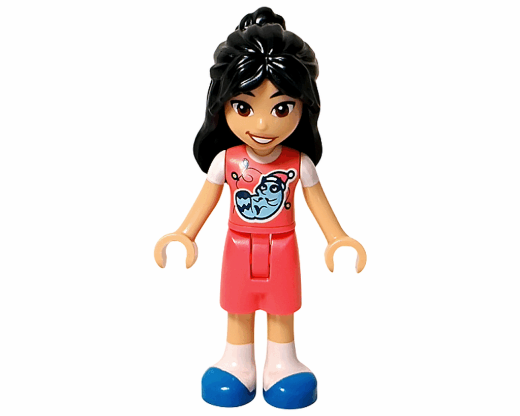 LEGO Friends 42668 リアン ミニドール全身。黒髪ポニーテール、ピンクの服にアライグマのプリント。