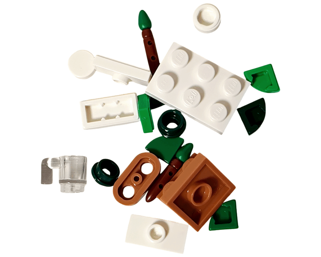 LEGO Friends 42668 アドベントカレンダー 7日目のパーツ一覧。白・緑・茶色のブロック、筆やマグなど。