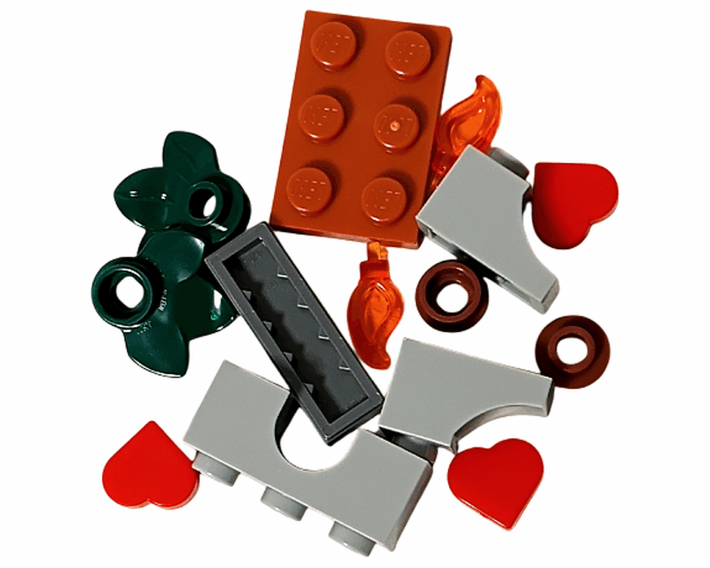 LEGO Friends 42668 アドベントカレンダー 8日目のパーツ一覧。灰色と茶色のブロック、オレンジの炎、赤いハートと緑のリーフなど。