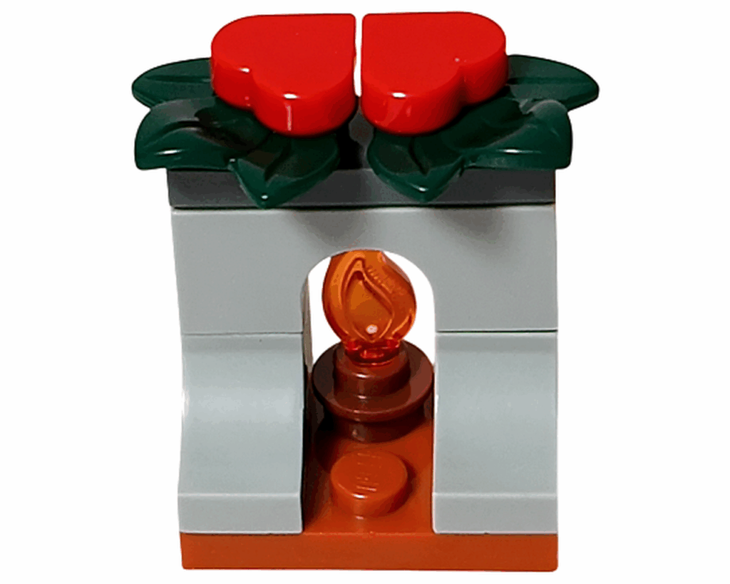LEGO Friends 42668 暖炉の完成モデル。グレーの壁とオレンジの炎、上部にハートと葉の飾り。