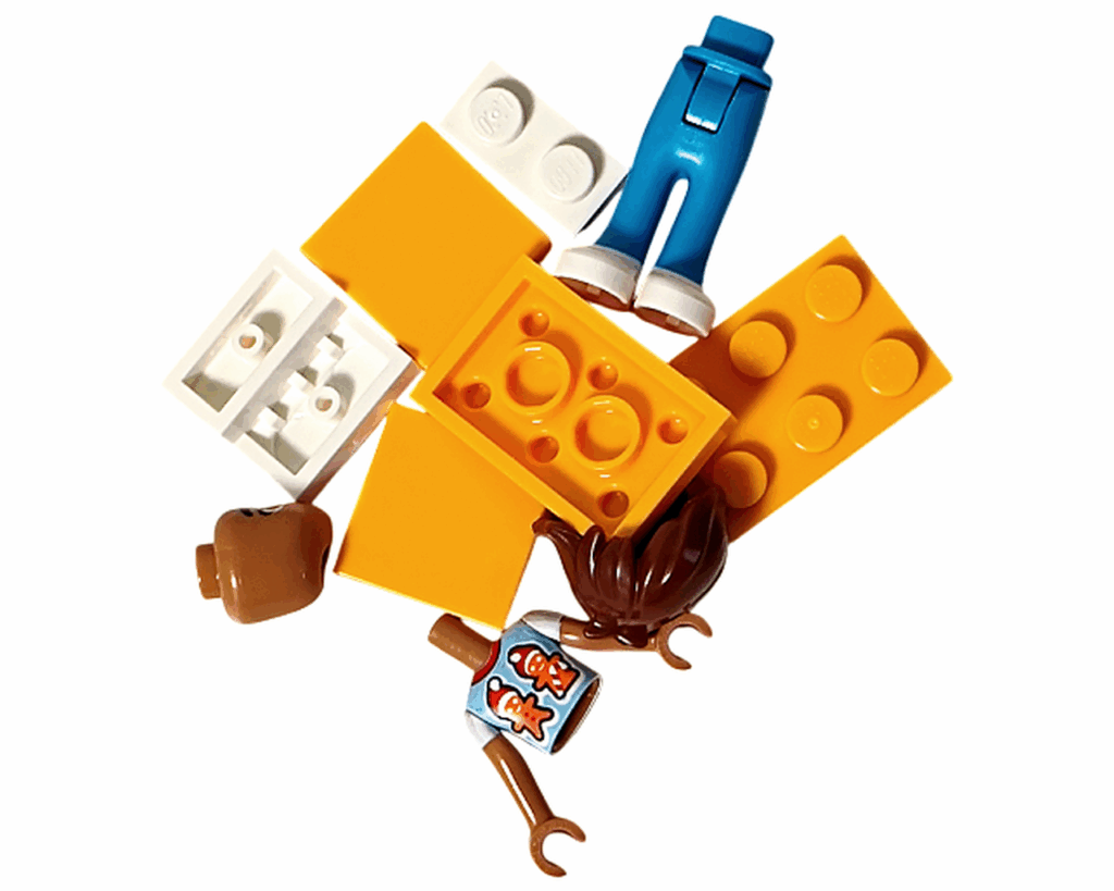 LEGO Friends 42668 レオのベッドとミニドールのパーツ一覧。オレンジと白のブロック、ブルーのパンツ、ジンジャーブレッド柄のトップスを着たレオの上半身パーツなど。