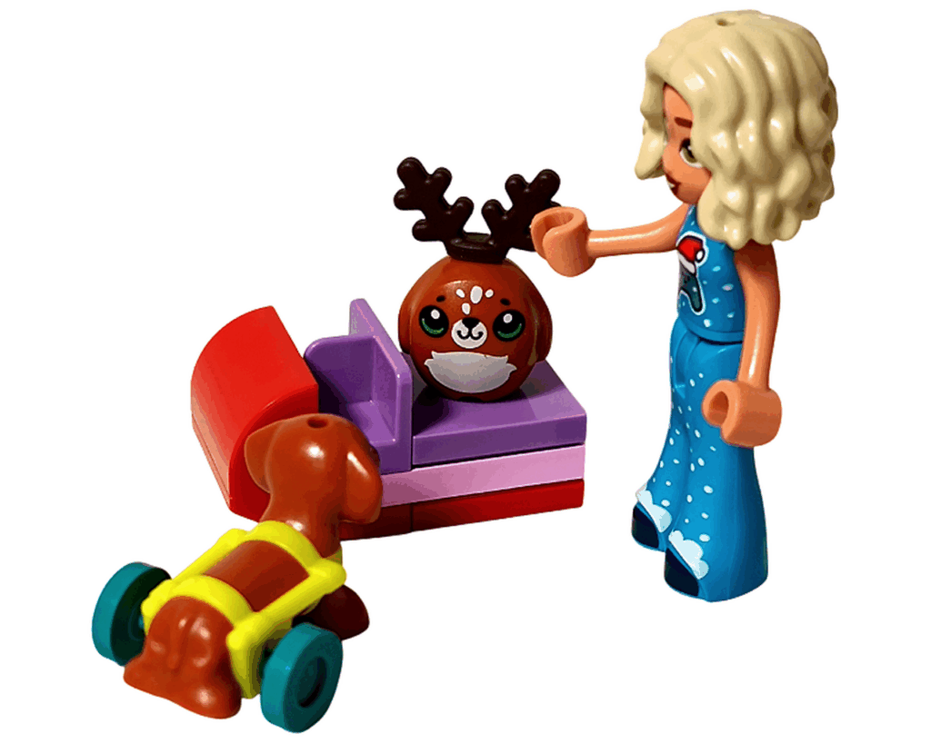 LEGO Friends 42668 24日目のシーン。ノヴァとピクルスが、赤と紫のソリに乗ったまるいトナカイ人形を見つめている。