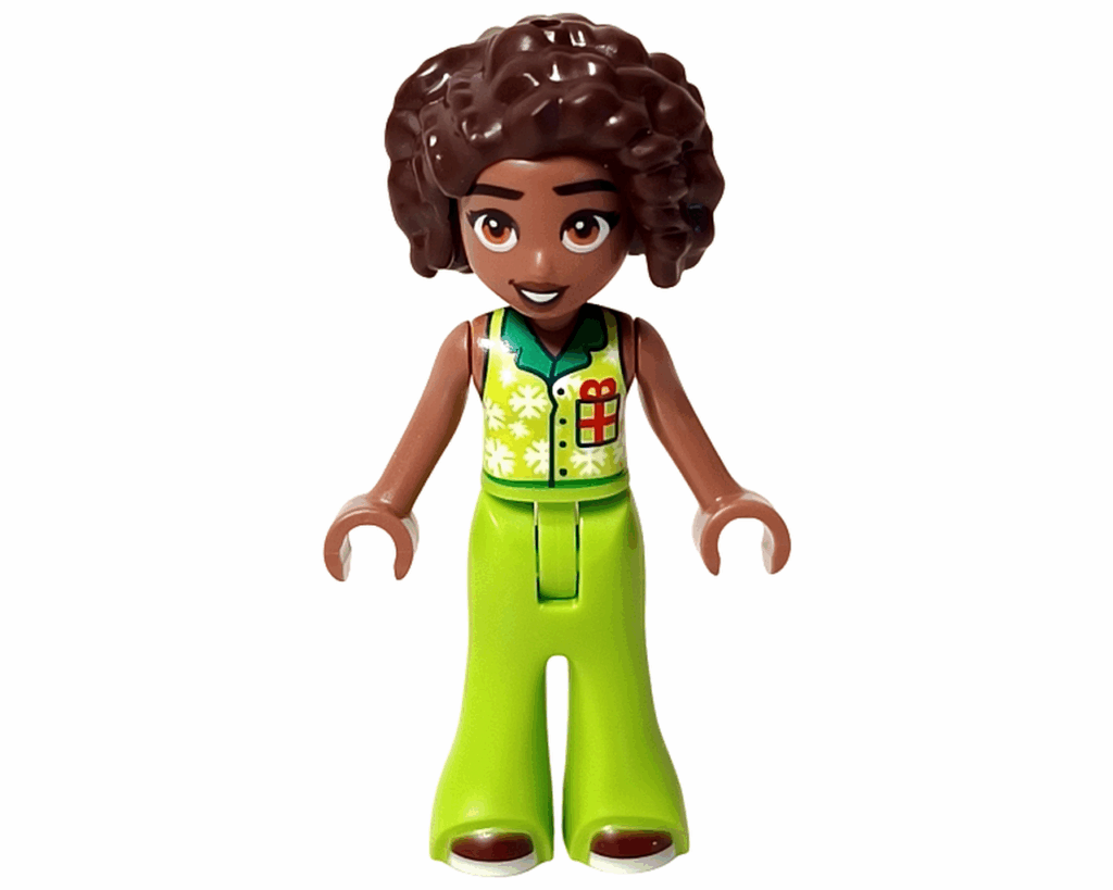 LEGO Friends 42668 アリヤ ミニドール正面。緑のパンツに雪の結晶とプレゼントのプリント入りトップスを着た姿。