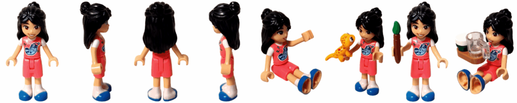 LEGO Friends 42668 リアン ミニドール 全8ポーズ一覧(正面・側面・背面・座り・ポップコーンや絵の具セットなどの小物付き)