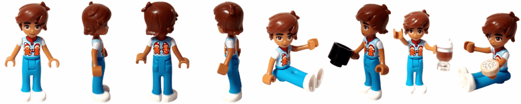LEGO Friends 42668 レオ ミニドール 全8ポーズ一覧(正面・側面・背面・座り・小鍋やホットチョコ、クッキーなどの小物付き)