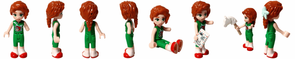 LEGO Friends 42668 オータム ミニドール 全8ポーズ一覧(正面・側面・背面・座り・手紙や木馬ステッキ、青い花の髪飾りなどの小物付き)