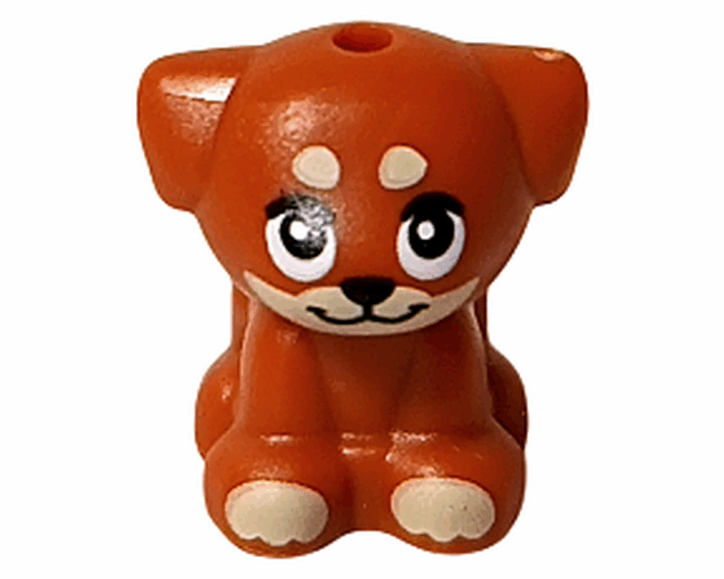 LEGO Friends 42668 アイラ 動物フィギュア 正面。アリヤのペットである茶色い子犬。まんまるな瞳と小さな口もとがかわいらしい正面姿。
