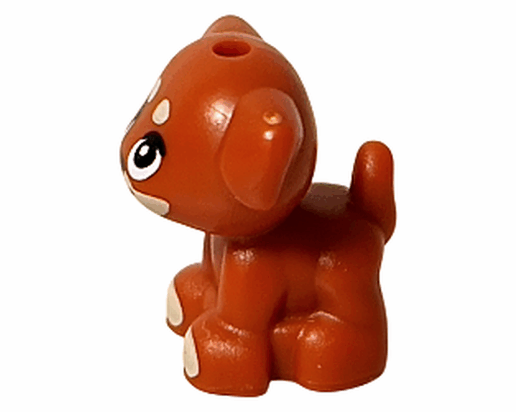 LEGO Friends 42668 アイラ 動物フィギュア 左側。茶色い子犬が首をかしげた姿勢。つぶらな瞳とやさしい表情が印象的な横向きの姿。