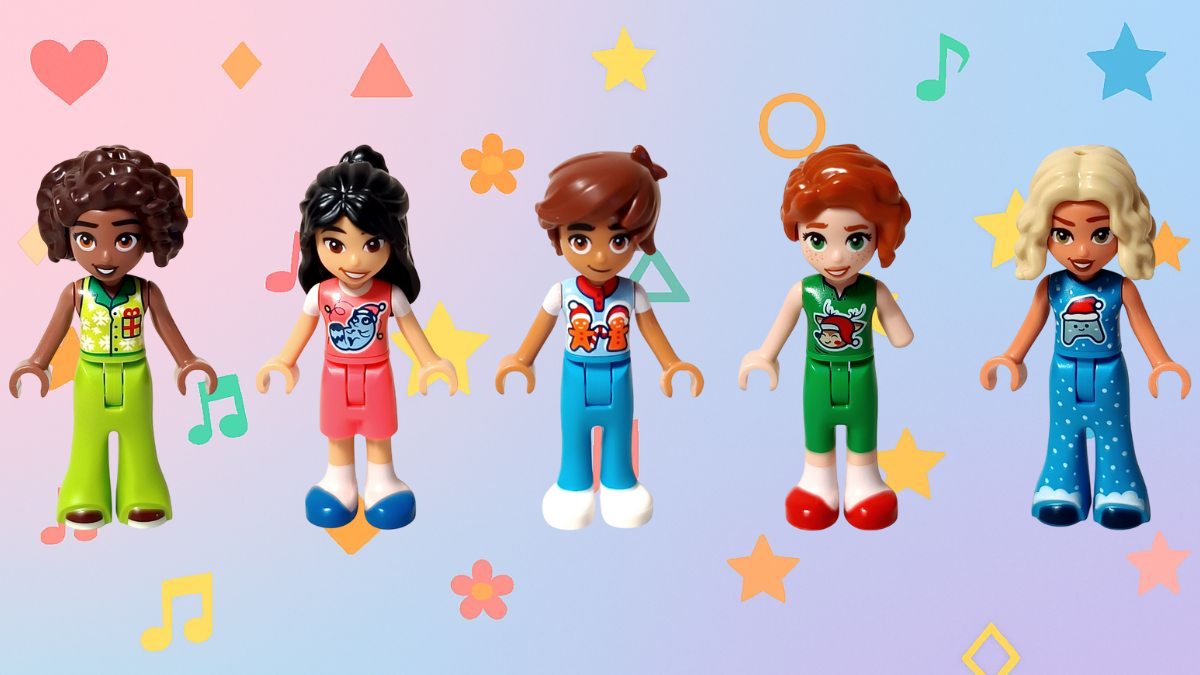 LEGO Friends 42668 アドベントカレンダー 2025 に登場するミニドール5体（アリヤ・リアン・レオ・オータム・ノヴァ）。それぞれ冬のコーデで並び、音符や星などのカラフルな背景がホリデーの楽しい雰囲気を演出している。